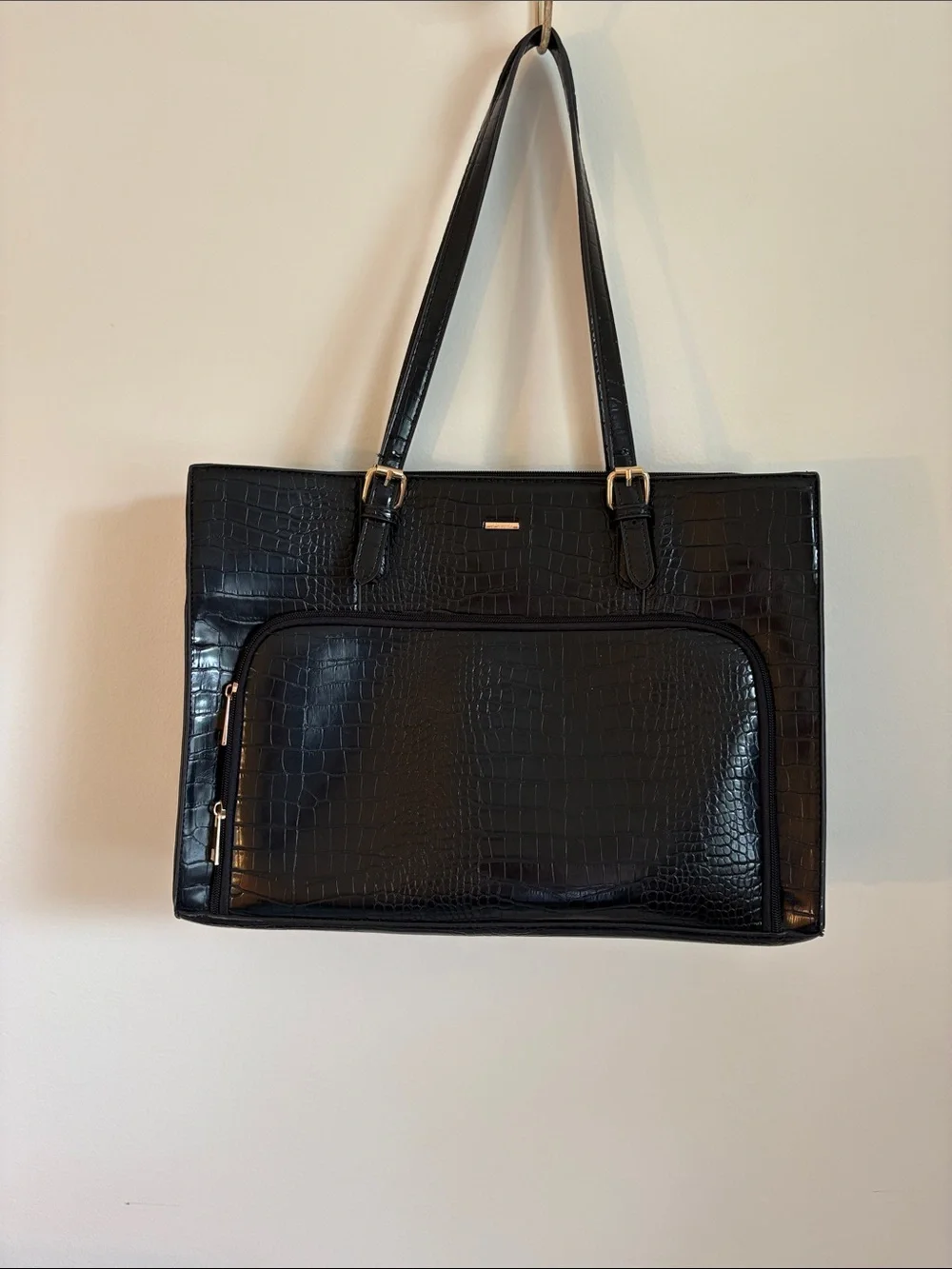 Black Croc-Embossed Laptop Tote with Front Zip Compartment